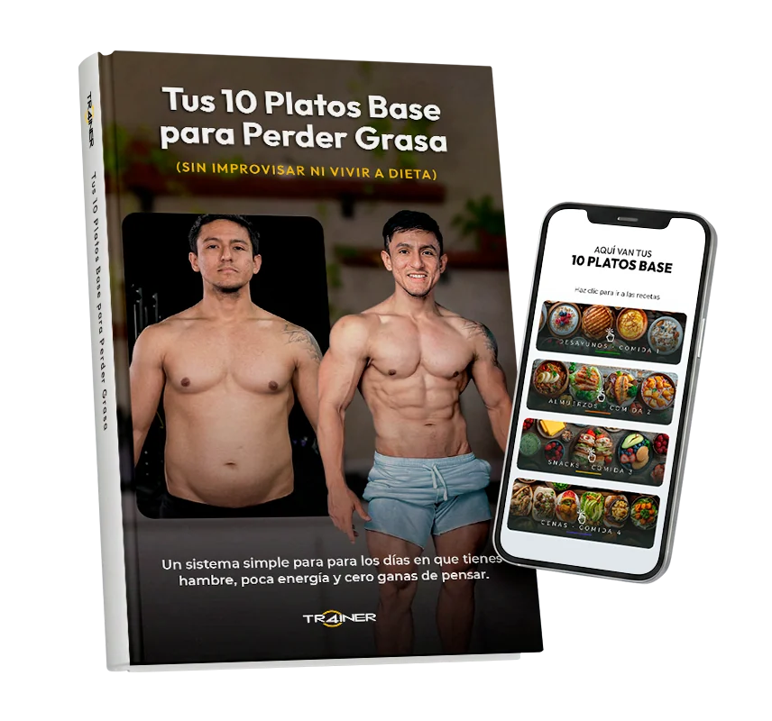 Ebook Tus 10 Platos Base para Perder Grasa mostrado como libro y en un teléfono